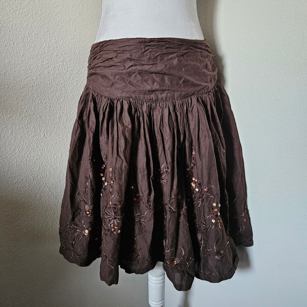 Kenar Womens Brown Embroidered Sequin Cotton Mini Skirt Boho Y2K
